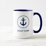Nautical Boat Name Anchor Rope Blue Large Mug<br><div class="desc">Nautical Boat Name Anchor Rope Blue and White Mug</div>