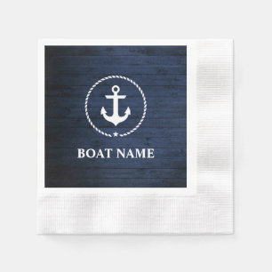 Nautical Boat Name Anchor Rope Blue Wood Cocktail Napkin