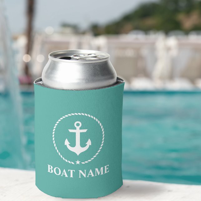 Nautical Boat Name Anchor Rope Can Cooler (Customize to change text size or text style.)