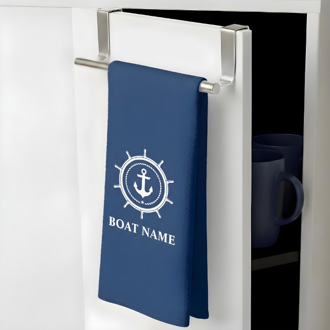 Nautical Boat Name Anchor Rope Helm Navy Blue Kitchen Towel (Customize to change background color.)