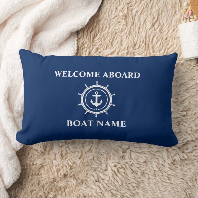 Nautical Boat Name Anchor Rope Helm Welcome Blue Lumbar Pillow (Blanket)