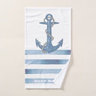 Nautical Boat Name,Anchor,Rope,Light Blue Stripes  Bath Towel Set