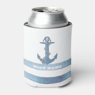 Nautical Boat Name,Anchor,Rope,Light Blue Stripes  Can Cooler