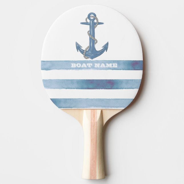 Nautical Boat Name,Anchor,Rope,Light Blue Stripes  Ping Pong Paddle (Front)