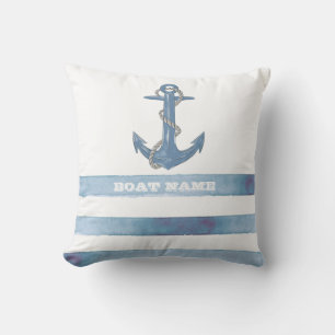 Nautical Boat Name,Anchor,Rope,Light Blue Stripes  Throw Pillow