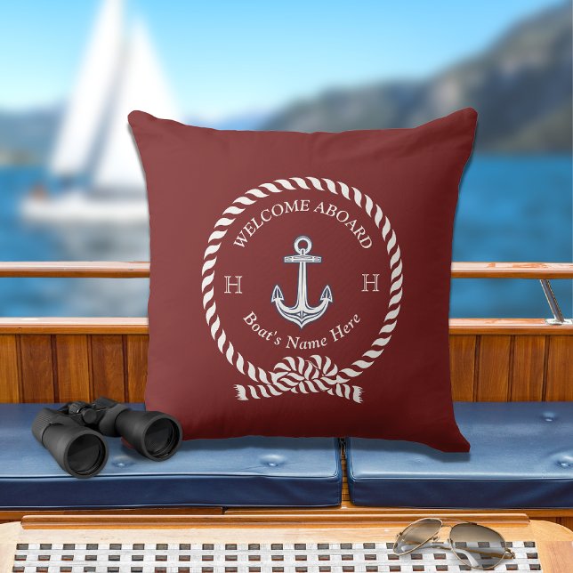 Nautical Boat Name Anchor Rope Maroon Red  Outdoor Pillow (Creator Uploaded)