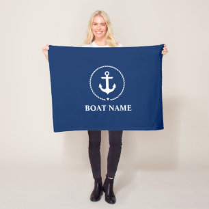 Nautical Boat Name Anchor Rope Navy Blue Fleece Blanket