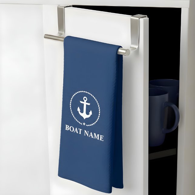 Nautical Boat Name Anchor Rope Navy Blue Kitchen Towel (Customize to change background color.)