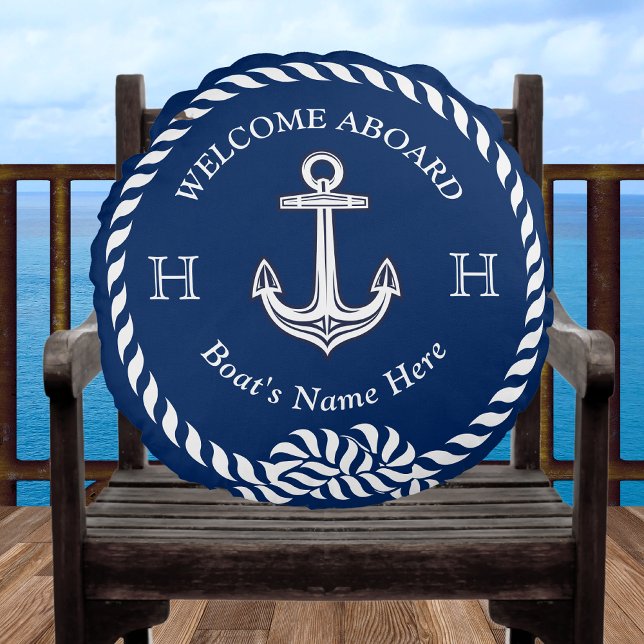 Nautical Boat Name Anchor Rope Navy Blue Round Pillow (Creator Uploaded)