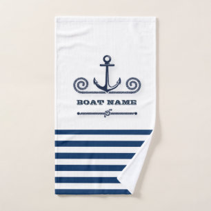 Nautical Boat Name,Anchor,Rope, Navy Blue Stripes Bath Towel Set