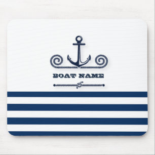 Nautical Boat Name,Anchor,Rope, Navy Blue Stripes  Mouse Pad