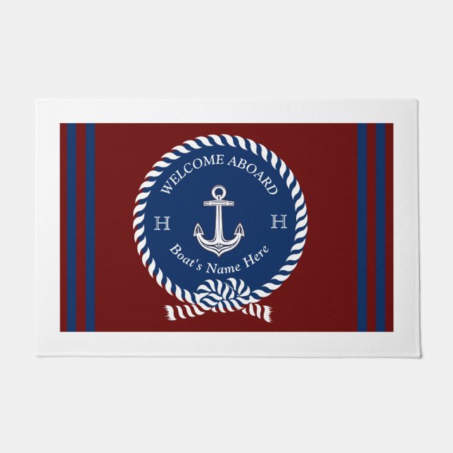 Nautical Boat Name Anchor Rope Navy Blue Welcome   Doormat (Front)