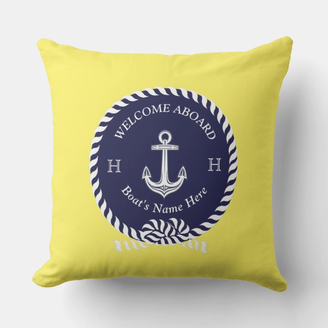 Nautical Boat Name Anchor Rope Navy Blue Welcome Outdoor Pillow (Front)