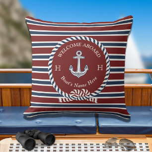 Nautical Boat Name Anchor Rope Navy Blue  Welcome  Outdoor Pillow