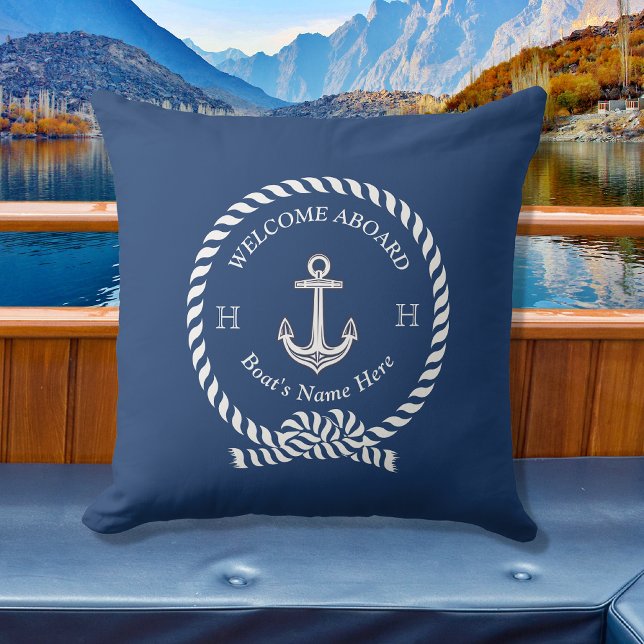Nautical Boat Name Anchor Rope Navy Blue Welcome  Outdoor Pillow (Creator Uploaded)