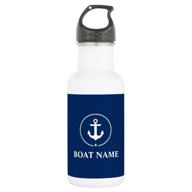 Nautical Boat Name Anchor Rope Navy Blue White 532 Ml Water Bottle (Front)