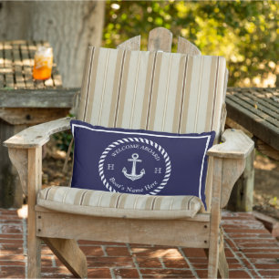 Nautical Boat Name Anchor Rope Navy Blue White  Lumbar Pillow