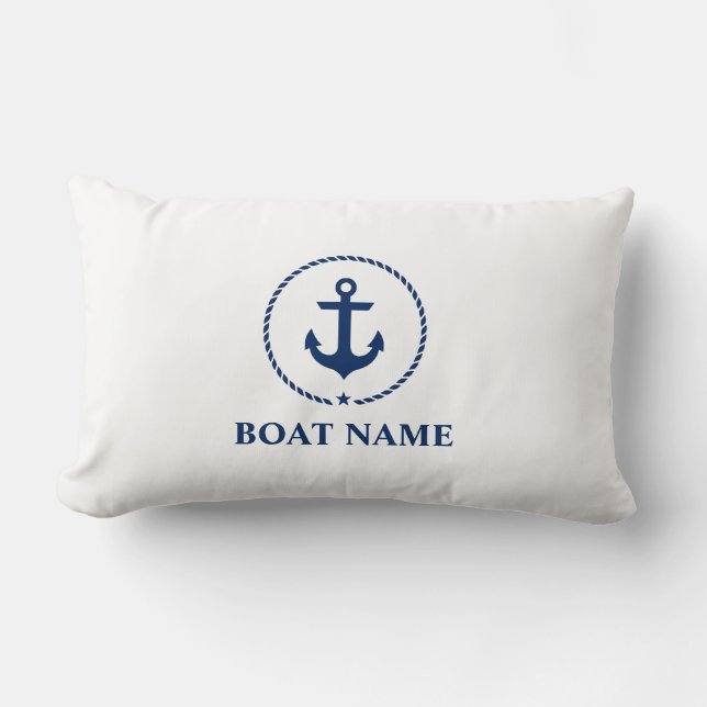 Nautical Boat Name Anchor Rope Navy Blue White Lumbar Pillow (Front)