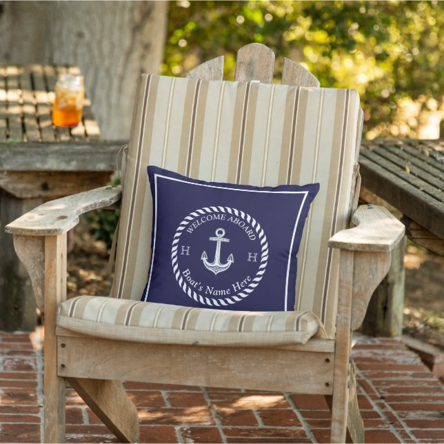 Nautical Boat Name Anchor Rope Navy Blue White  Outdoor Pillow (Chair)