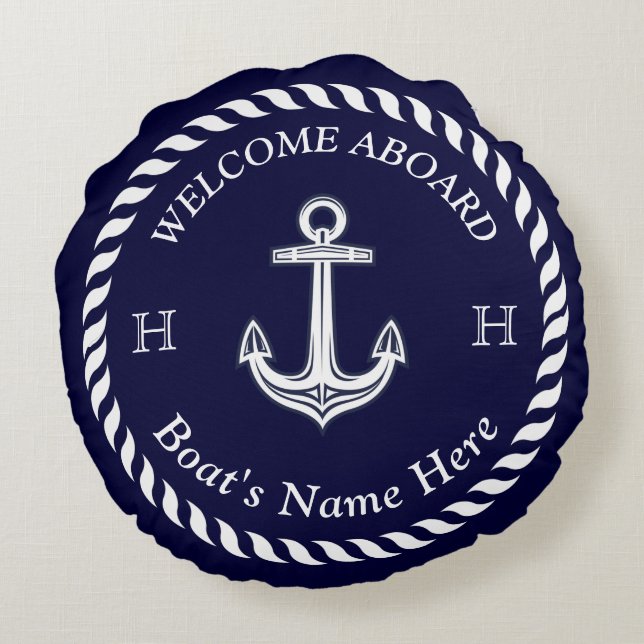 Nautical Boat Name Anchor Rope Navy Blue White  Round Pillow (Back)