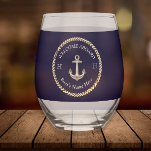 Nautical Boat Name Anchor Rope Navy Blue White Stemless Wine Glass