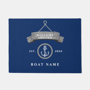 Nautical boat name anchor rope navy rustic doormat