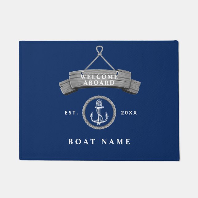 Nautical boat name anchor rope navy rustic doormat (Front)