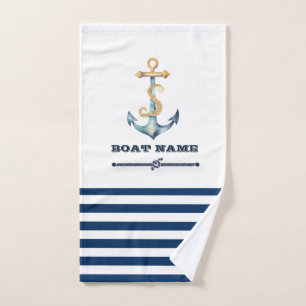 Nautical Boat Name,Anchor,Rope Stripes Bath Towel Set