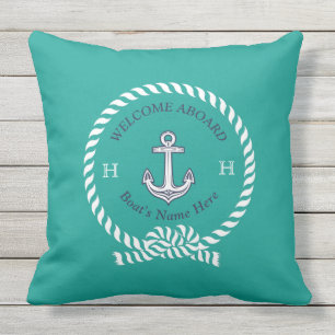 Nautical Boat Name Anchor Rope Teal Blue Welcome  Outdoor Pillow