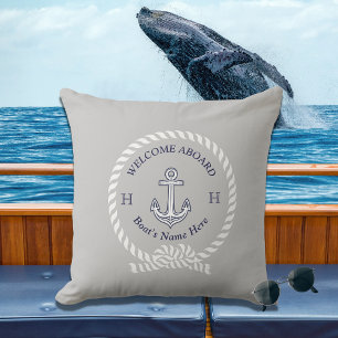 Nautical Boat Name Anchor Rope Welcome grey Outdoor Pillow