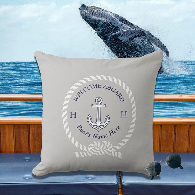 Nautical Boat Name Anchor Rope Welcome grey Outdoor Pillow (Creator Uploaded)