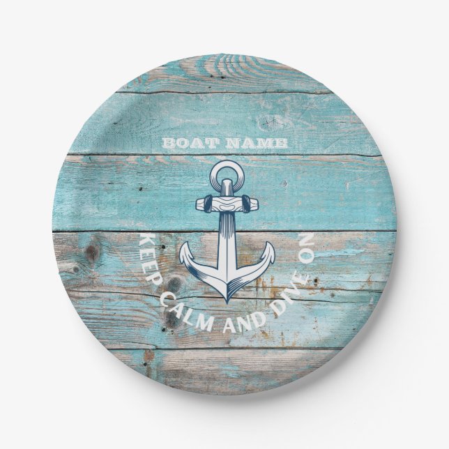 Nautical Boat Name Anchor Rustic Wood Paper Plate (Front)