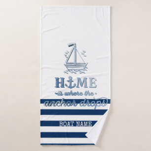 Nautical Boat Name,Anchor Sea Navy Blue Striped Bath Towel Set