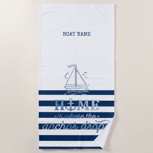 Nautical Boat Name,Anchor Sea Navy Blue Striped Beach Towel (Front)