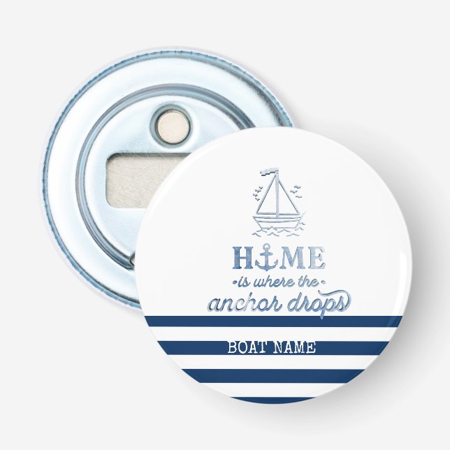 Nautical Boat Name,Anchor Sea Navy Blue Striped Bottle Opener (Front)