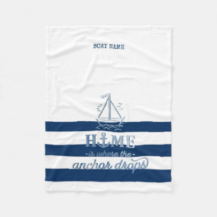 Nautical Boat Name,Anchor Sea Navy Blue Striped Fleece Blanket
