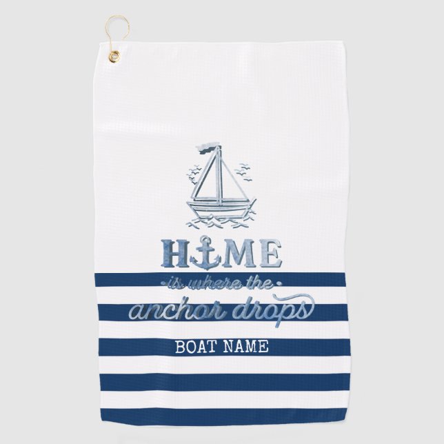 Nautical Boat Name,Anchor Sea Navy Blue Striped Golf Towel (Front)