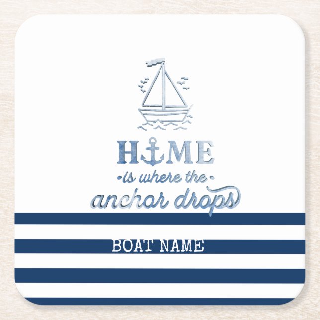 Nautical Boat Name,Anchor Sea Navy Blue Striped Square Paper Coaster (Front)