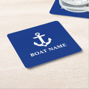 Nautical Boat Name Anchor Star Blue Square Paper Coaster