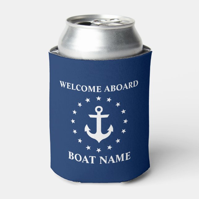 Nautical Boat Name Anchor Stars Blue Welcome Can Cooler (Can Front)