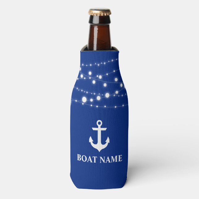 Nautical Boat Name Anchor String Lights Blue Bottle Cooler (Bottle Front)