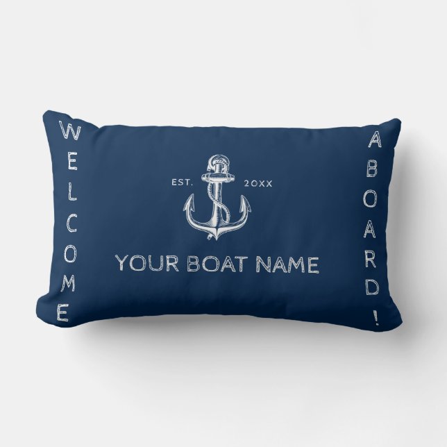 Nautical boat name anchor welcome navy blue  lumbar pillow (Front)