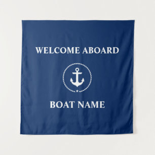 Nautical Boat Name Anchor Welcome Navy Blue Square Tapestry
