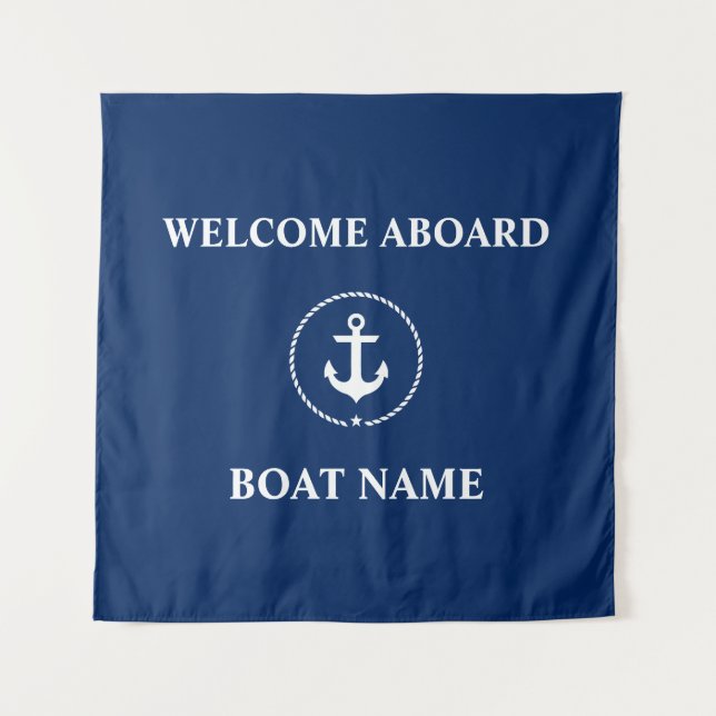 Nautical Boat Name Anchor Welcome Navy Blue Square Tapestry (Front (Horizontal))