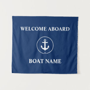 Nautical Boat Name Anchor Welcome Navy Blue Tapestry