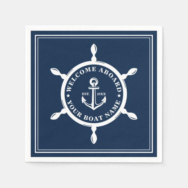 Nautical Boat Name Anchor Wheel Navy Blue Napkin (Front)