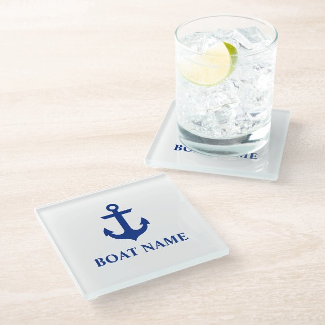 Nautical Boat Name Anchor White Glass Coaster (Angled)