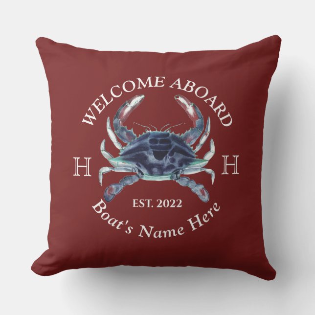 Nautical Boat Name Blue Crab Welcome  Burgundy Red Outdoor Pillow (Front)