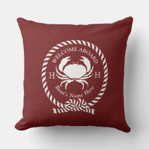Nautical Boat Name Crab Rope Maroon Red Welcome Outdoor Pillow