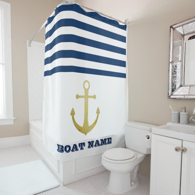 Nautical Boat Name,Gold Anchor  Navy Blue Striped (In Situ)